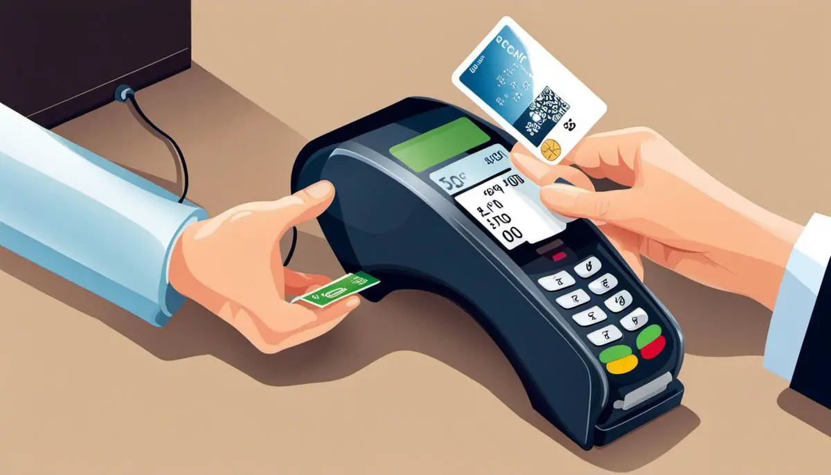 Image depicting a credit card transaction, showing a card being swiped at a payment terminal.
