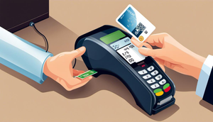 Image depicting a credit card transaction, showing a card being swiped at a payment terminal.